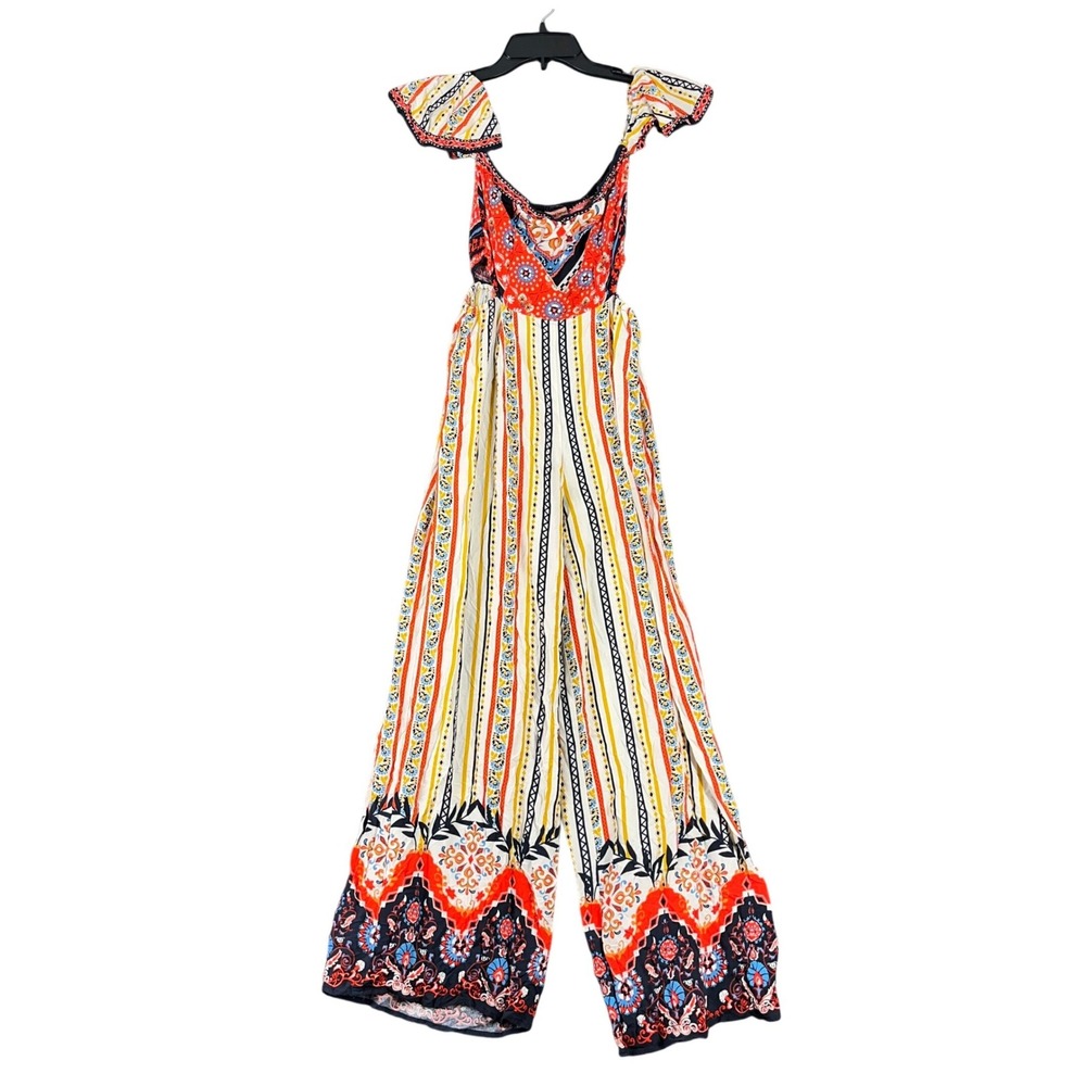 Flying Tomato Boho Medallion Stripe Wide Leg Jumpsuit Flutter Sleeve Smocked‎ S